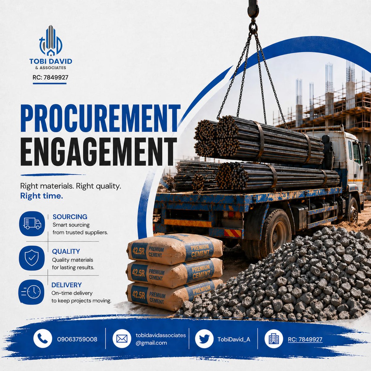 TobiDavid_A's tweet photo. The right materials, delivered at the right time, make all the difference on every project. 🚛🏗️

At TOBI DAVID &amp; ASSOCIATES, we remain committed to smart procurement, quality sourcing, and seamless project support.

Reliable. Efficient. Professional. https://t.co/nQ1TFVWJzV
