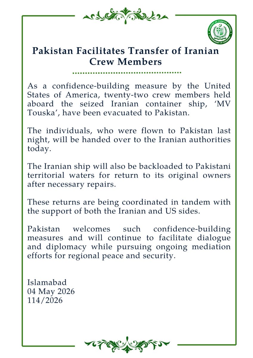 ForeignOfficePk's tweet image. 🔊PR No.1️⃣1️⃣4️⃣/2️⃣0️⃣2️⃣6️⃣

Pakistan Facilitates Transfer of Iranian Crew Members 
🔗⬇️