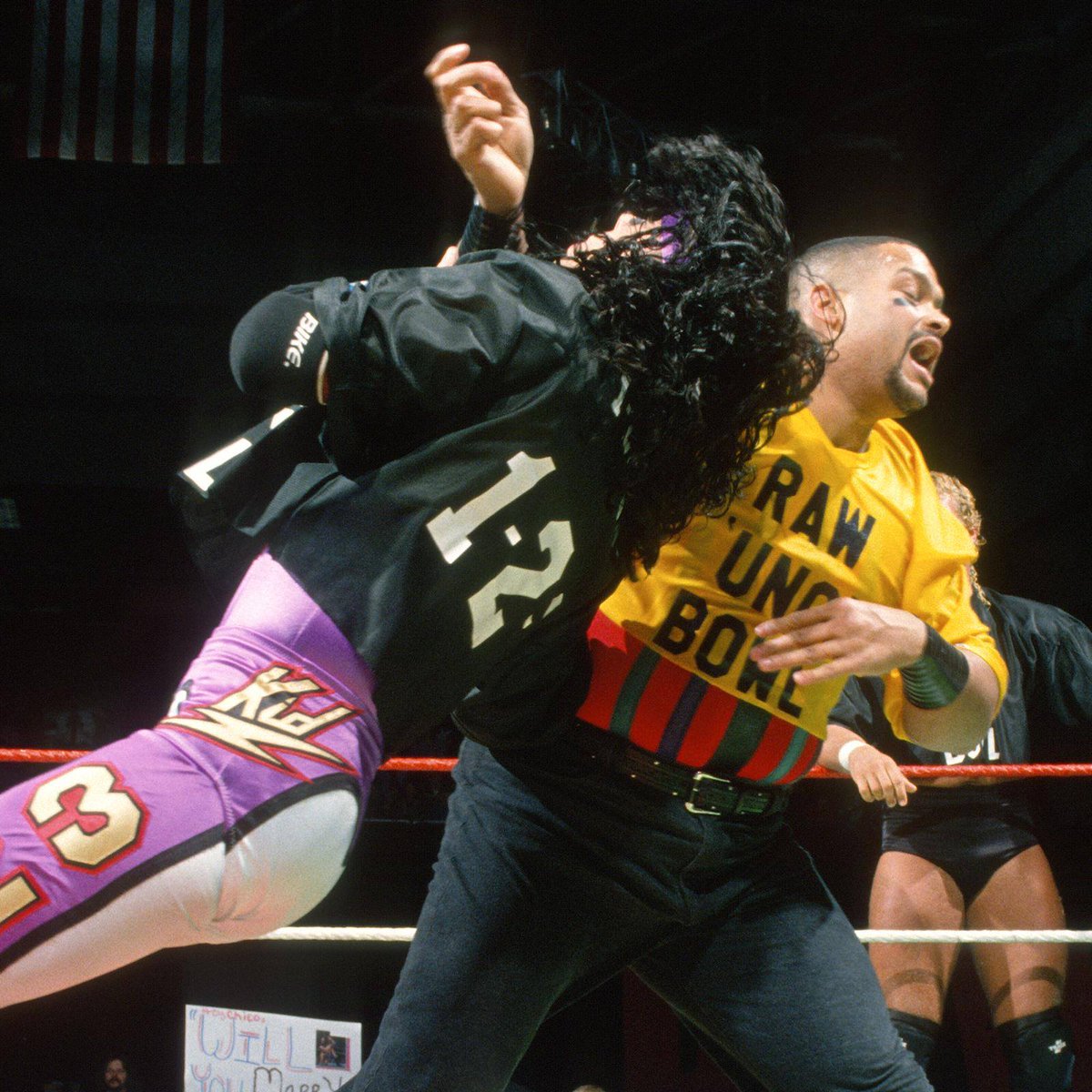 WWFWrestling1's tweet image. Raw Rewind! The Raw Bowl! Broadcast on New Year's Day 1996. 1/2 #WWF #WWERaw #BartGunn #BillyGunn #OwenHart #Yokozuna #Sid #123Kid #RazorRamon #SavioVega