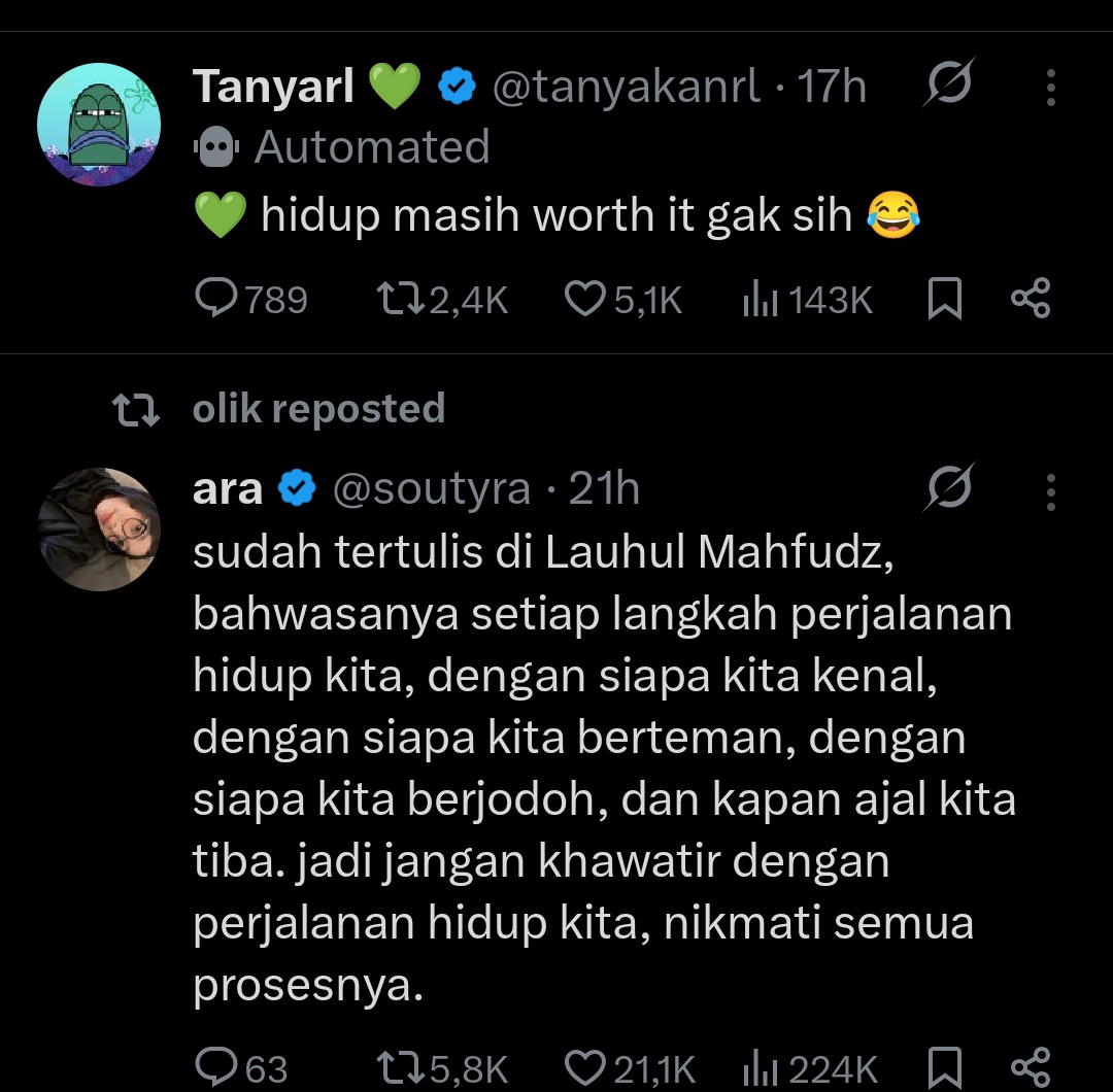 <a href="/tanyakanrl/">Tanyarl 💚</a> Hai, ini beneran atas bawah. Entah ini pengingat atau apa tapi semoga kita semua selalu diberi kebahagiaan yaa