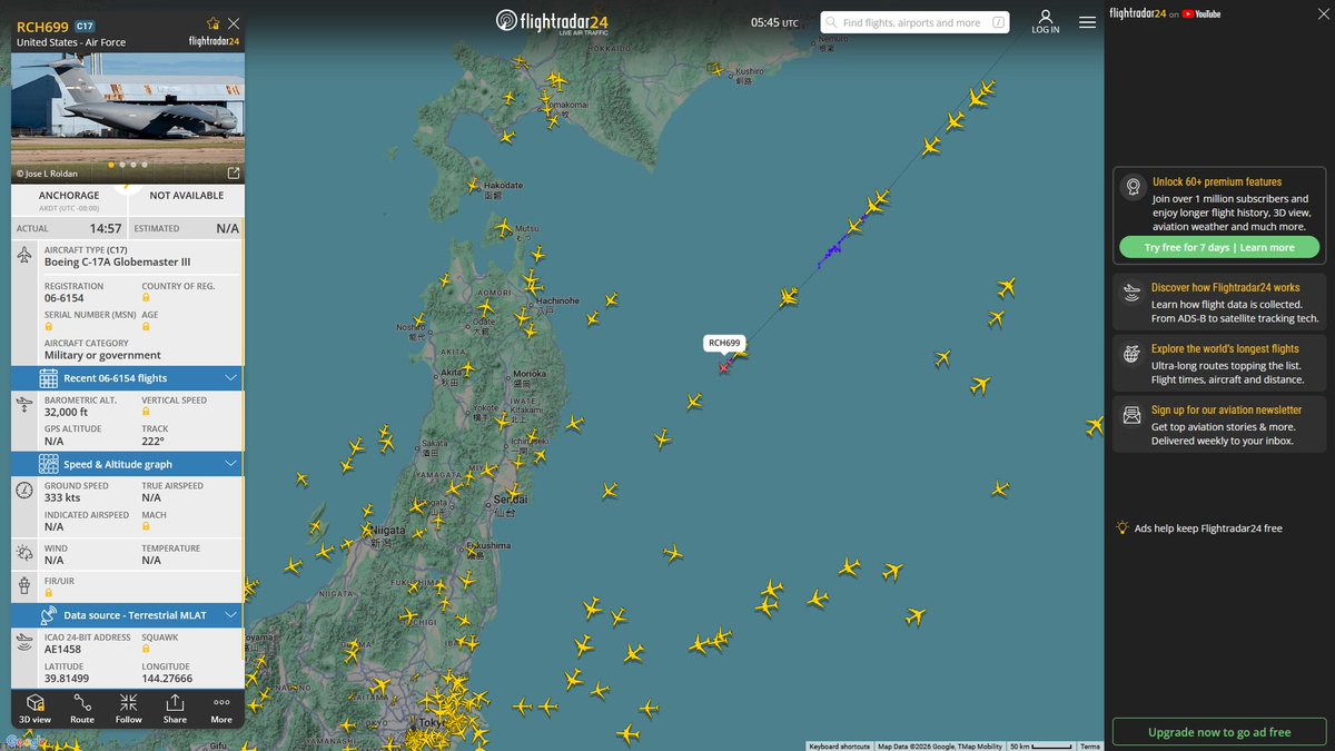 AIYeyENGDdJkjTr's tweet image. May 4, 2026
#Fairfield Travis Air Force Base #Anchorage ==&amp;gt; #Tokyo Yokota Air Base

#RCH699 #AE1458 USAF C-17A Globemaster III