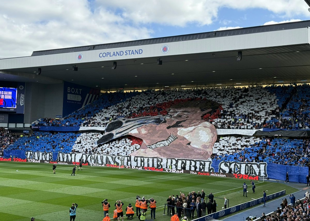 WATP72RFC's tweet image. 🗓️ #OnThisDay 2️⃣0️⃣2️⃣5️⃣ : A Magnificent Tifo was unveiled ahead of #Rangers 1-1 draw with Celtic at Ibrox. Cyriel Dessers scored his 25th of the season. Raskin had one disallowed. The police seized the tifo and our tone deaf board sided with Swinney to condemn it as unacceptable.