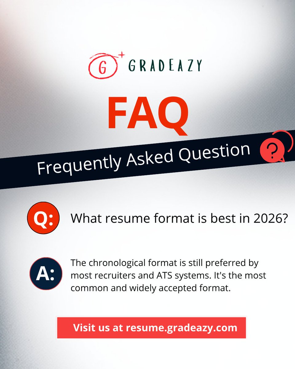 gradeazy's tweet image. Chronological resumes still win in 2026—simple, structured, and recruiter-friendly. 

Build your resume at resume.gradeazy.com

#ResumeTips #Career2026 #JobSearch #ResumeFormat #ATSFriendly #CareerGrowth #ProfessionalTips #ResumeWriting #Resumeai #Gradeazy