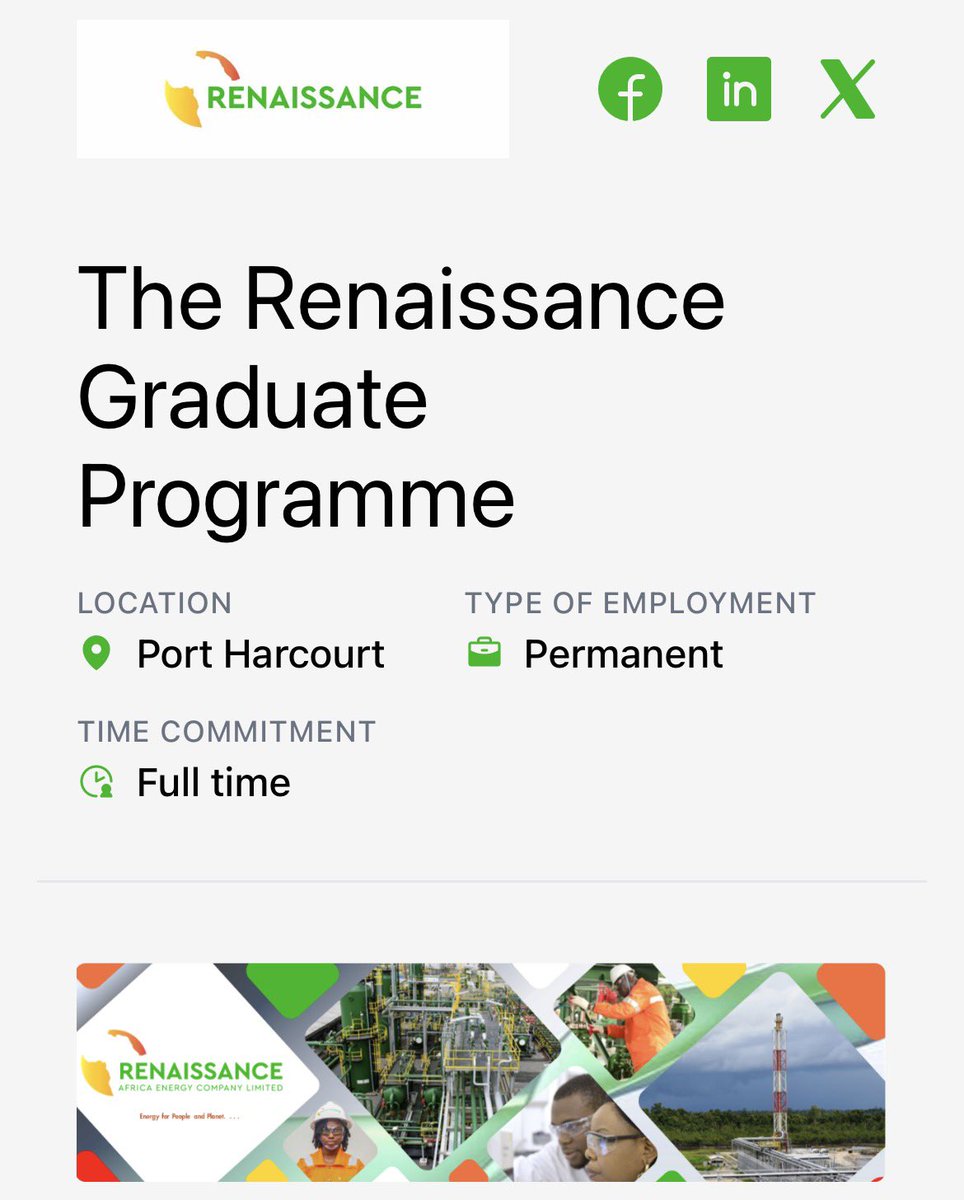 Renaissance Africa Energy Company Limited Graduate Programme 2026

As a Graduate Trainee at Renaissance Africa Energy Company Limited, you will join a community of forward-thinking professionals committed to innovation, sustainability, and excellence. Together, you will help
