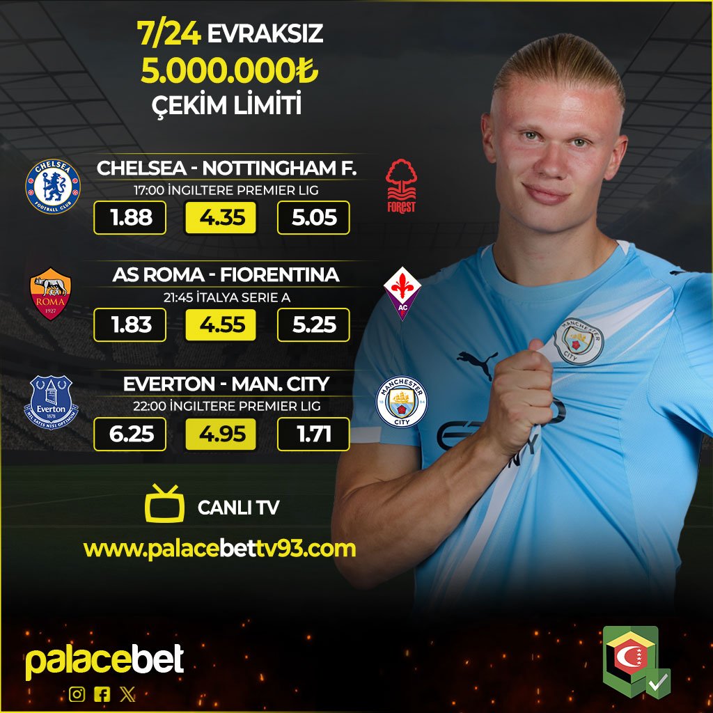 palacebtx's tweet photo. ⚽️Günün Maçları ve En Yüksek Oranlar #PalaceBet'te! 

🏟Chelsea⚔️Nottingham F.
🏟AS Roma⚔️Fiorentina
🏟Everton⚔️Man. City

📹 Tüm Karşılaşmaları Naklen İzleme Fırsatı İçin

🛡https://t.co/iVQQHvJJJK
📺https://t.co/UgowNV3hwP

7/24 EVRAKSIZ 5.000.000₺ ÇEKİM LİMİTİ https://t.co/qPVUdR47gK