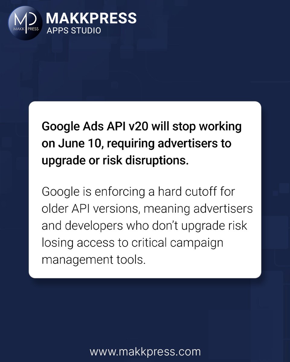 MakkpressTech's tweet photo. This update can quietly break your Google Ads setup β οΈ
Google Ads API v20 will stop working after June 10, migrate to a newer version to avoid disruptions.
#GoogleAds #GoogleAdsAPI #DigitalMarketing #PPC #PaidAds #MarketingUpdates https://t.co/huigvbd4T0