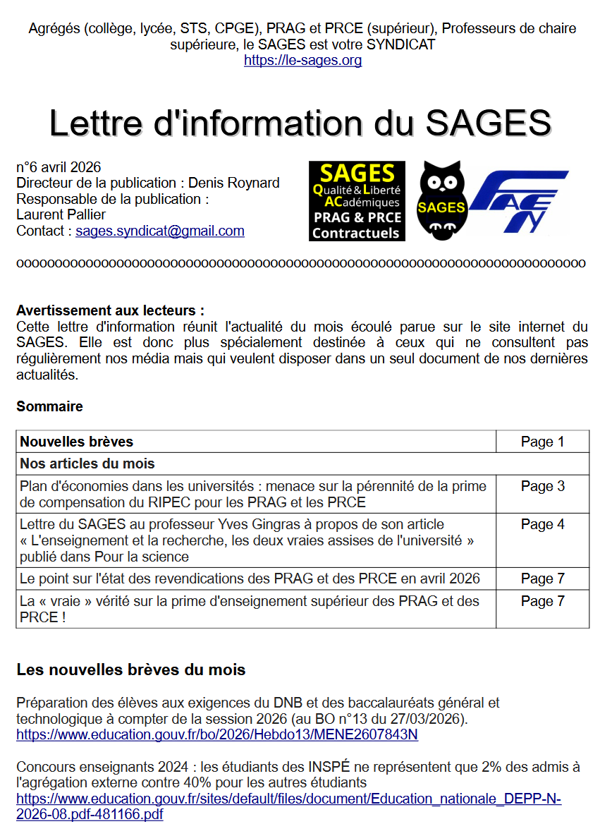 SagesSyndicat's tweet photo. La lettre d'information n°6 d'avril 2026 du SAGES est disponible en téléchargement.
https://t.co/dUoj4TKItX https://t.co/I6i0oMe5KN