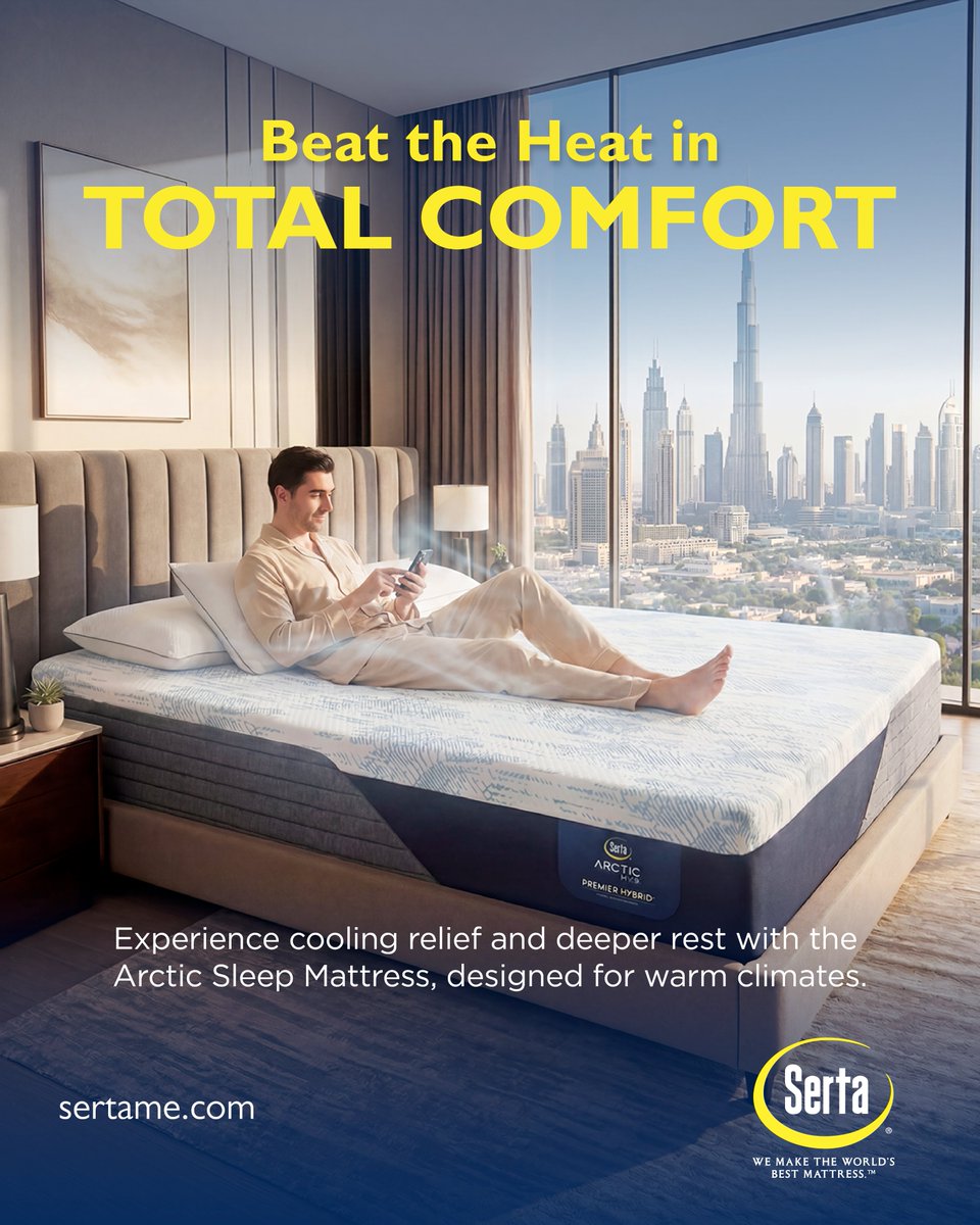 SertaME's tweet photo. Beat the heat in total comfort with Serta’s Arctic Sleep Mattress, engineered specifically for the UAE's warm climate. Experience instant cooling relief and achieve a deeper, more restorative rest 
#Serta #SertaME #SertaMattress #Mattressstore #Bedstore https://t.co/KTqrepUV4W