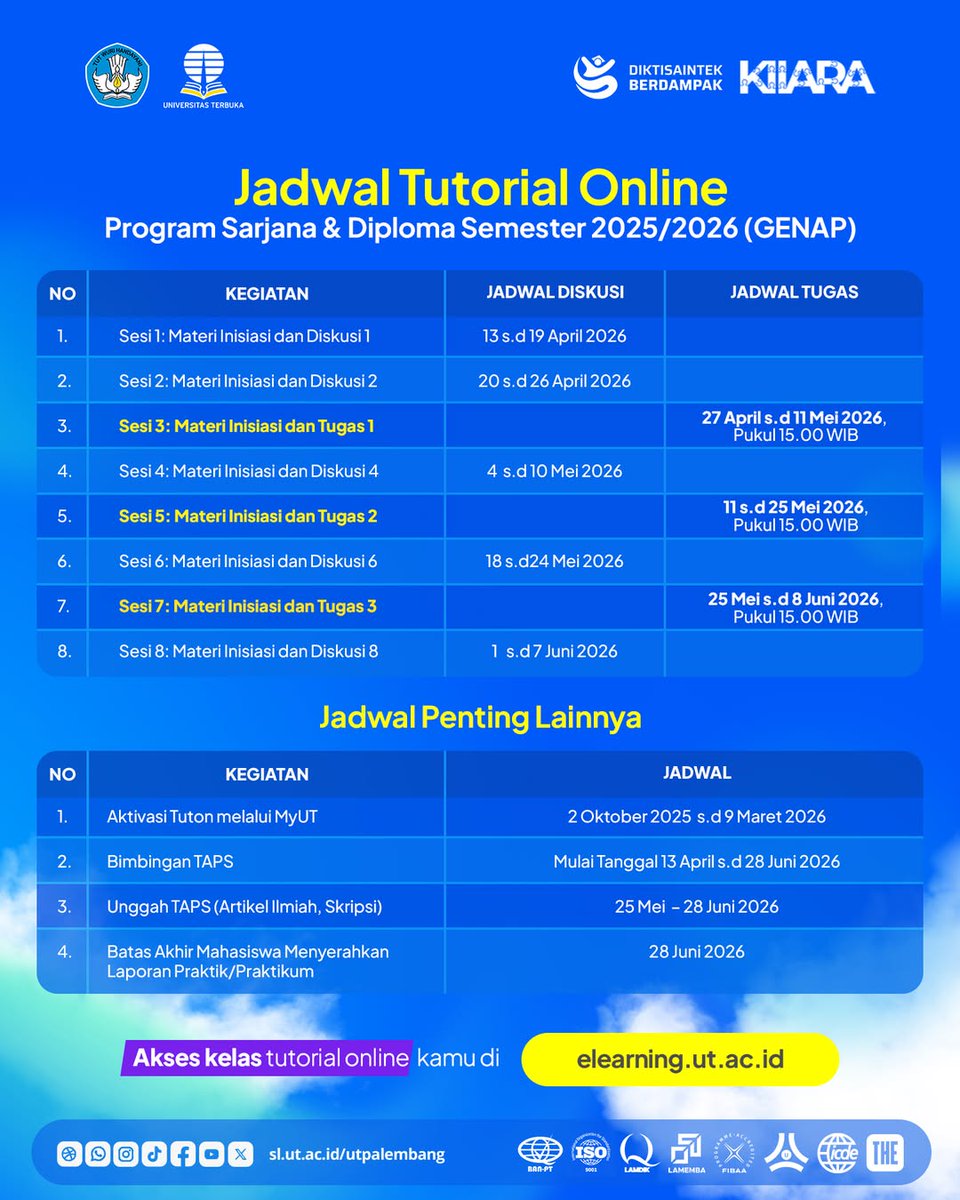 utpalembang's tweet photo. Jangan Sampai Ketinggalan! Tutorial Online (Tuton) Sesi 4 Sudah Dimulai! 📚✨

Halo Sahabat UT! Waktunya kembali fokus karena Materi Inisiasi &amp; Diskusi 4 sudah bisa kamu akses. Yuk, segera login dan maksimalkan partisipasi kamu di sesi ini!📅 Periode: 4 – 10 Mei 2026 https://t.co/biRdV5Blmu