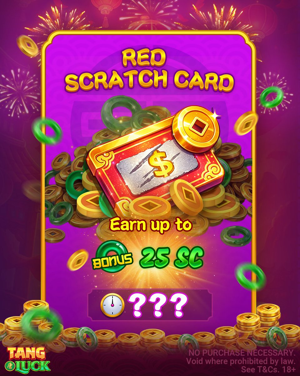 Tangluckgame's tweet photo. How fast is your reaction time? ⚡
🔴The Challenge: How often is the Red Card available to scratch for that 25 SC top prize? 
The Prize: Tell us the correct answer below! We’re picking lucky winners from the comments to score a special Bonus Code! 💰

🔴 Scratch your Red Card now: https://t.co/x57VgCQrQs
#tangluck #slots #casino #onlinecasino #free