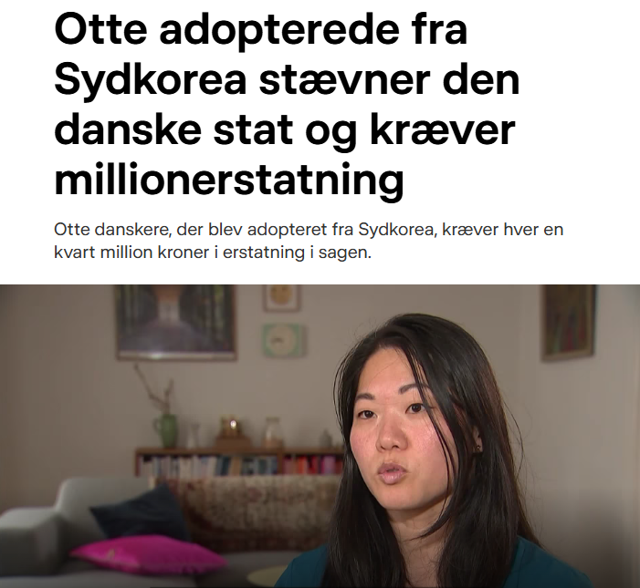 oresundsbaron's tweet photo. 8 adoptivbørn fra Sydkorea sagsøger hver især den danske stat for 250.000 kr. (samlet 2 mio. kr.).

Sagen handler for adoptivbørnene om at den danske stat ikke har sikret deres rettigheder til "identitet, ophav og familieliv".

Lad os lige dvæle ved "identitet og ophav".

For sagen kunne jo nemt løses ved at fortælle de sydkoreanske adoptivbørn, at de altså er danske i deres identitet, og at deres ophav i form af deres forfædre også er i Danmark - det siger Samira Nawa i hvert fald.

Så den der sydkoreanske "identitet og ophav" er slet ikke vigtig.