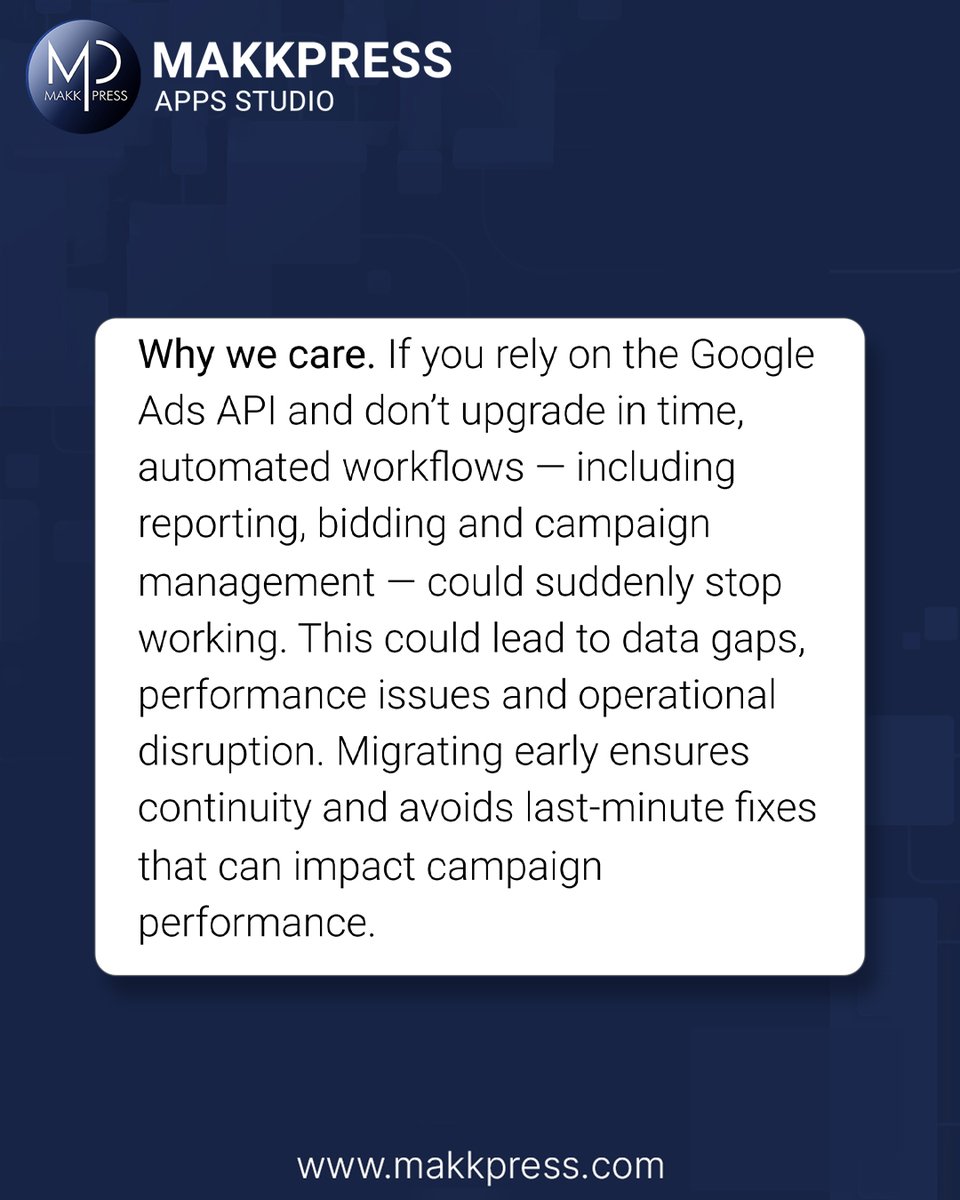 MakkpressTech's tweet photo. This update can quietly break your Google Ads setup β οΈ
Google Ads API v20 will stop working after June 10, migrate to a newer version to avoid disruptions.
#GoogleAds #GoogleAdsAPI #DigitalMarketing #PPC #PaidAds #MarketingUpdates https://t.co/huigvbd4T0