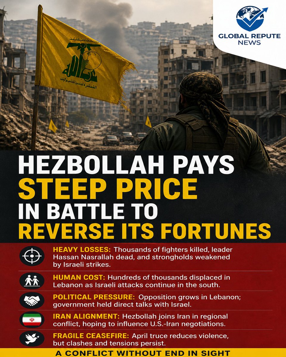 GlobalReputeNew's tweet image. Hezbollah Faces Heavy Losses as Conflict Escalates and Pressure Mounts #Hezbollah #IsraelConflict #MiddleEast #Lebanon #Geopolitics #WarNews #GlobalTensions #BreakingNews #Security #WorldNews