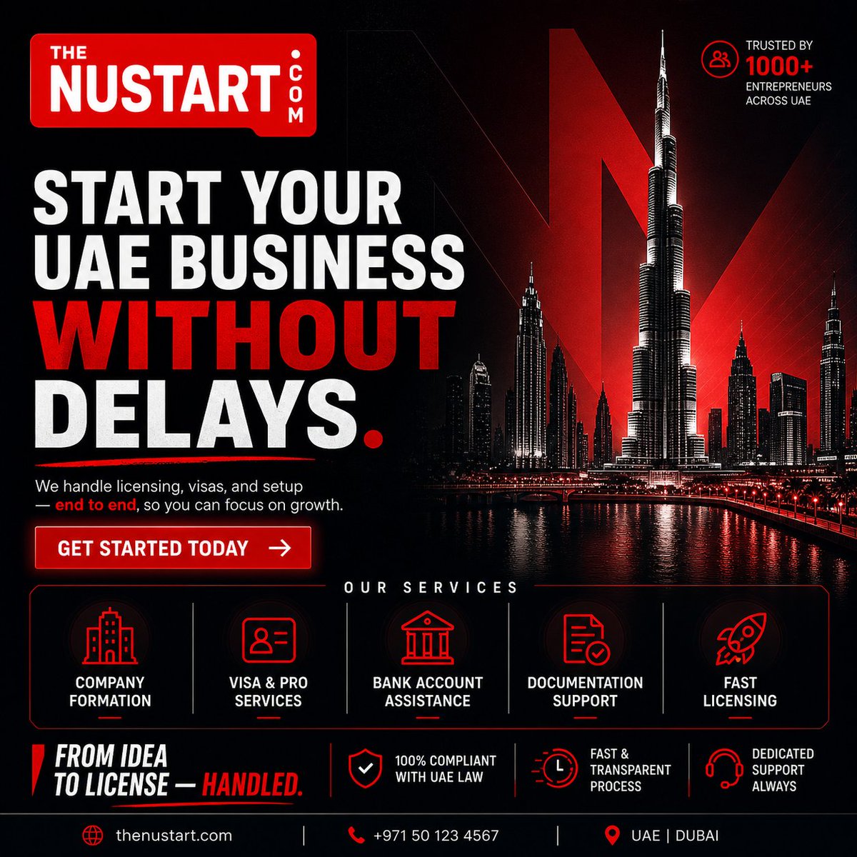 TheNuStart's tweet image. Start your UAE business without delays 🚀🇦🇪
Company formation, visas, bank account &amp;amp; licensing — all handled end-to-end.
Fast. Simple. Transparent.
Join 1000+ entrepreneurs already building in the UAE 📈
📞 +971 50 123 4567
🌐 thenustart.com
#UAEbusiness #DubaiBusiness
