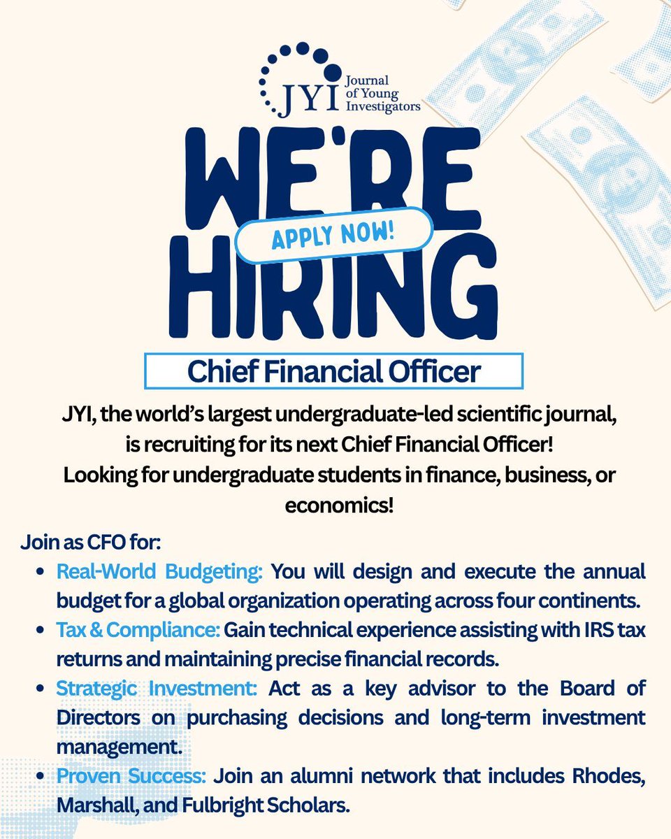 jyijournal's tweet photo. We are hiring for our Chief Financial Officer! If interested, please apply at https://t.co/7EwE2Hj208 https://t.co/CYLawphSWl