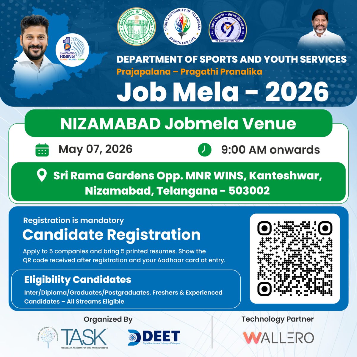 tasktg's tweet photo. Prajapalana Pragathi Pranalika Job Mela 2026

Day 6- Nizamabad  

May 07, 2026 | 9:00 AM onwards 
Venue: Sri Rama Gardens, Opp. MNR WINS, Kanteshwar, Nizamabad, Telangana – 503002  

#JobMela2026 #Nizamabad #TelanganaJobs https://t.co/JEmcApFmFw
