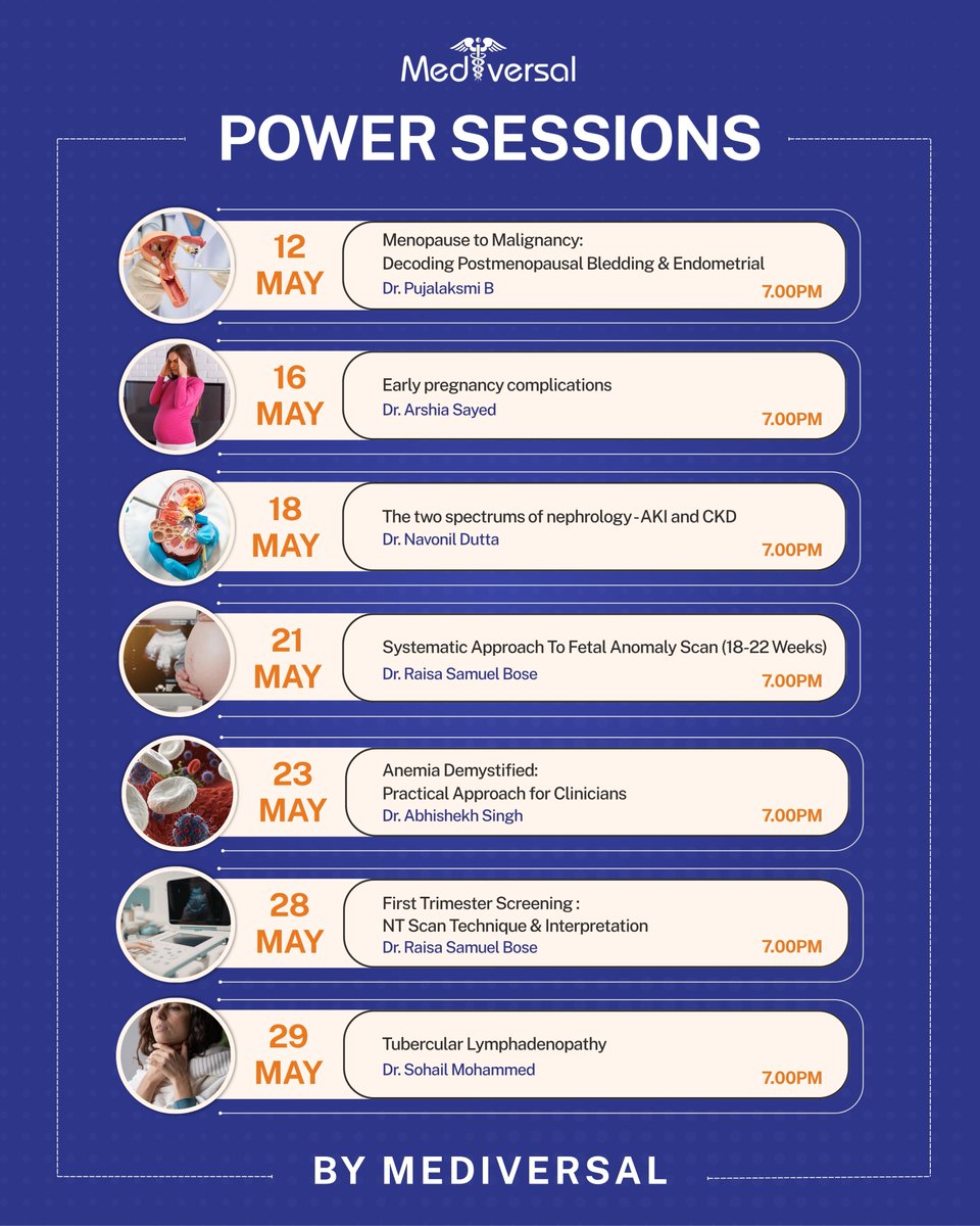 mediversal's tweet image. 🩺 Mediversal Power Sessions
High-yield, multi-specialty clinical learning series!
Endometrial carcinoma, pregnancy, AKI/CKD, anemia &amp;amp; TB—master core concepts.

📅 Starts 12 May | 🕖 7 PM IST
📲 Register: nuel.ink/Iw7BMH

#Mediversal #MedicalEducation #NEETPG #MBBS