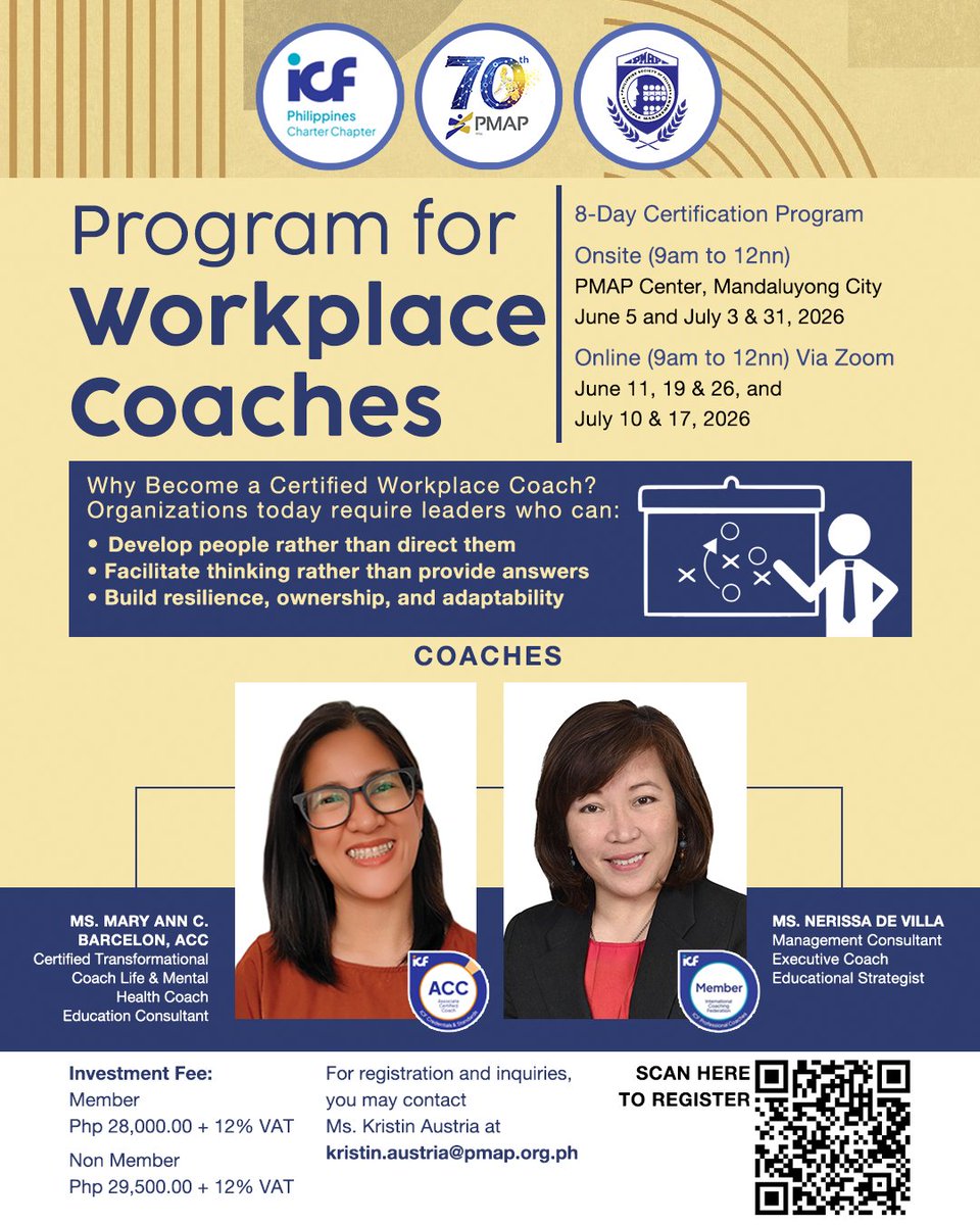 PMAP1956's tweet image. PMAP, the Philippine Society of Fellows in People Management (PSOF) and the International Coaching Federation (ICF) - Philippines invite you to join the  Workplace Coaches Program.

pmap.org.ph/training-event…

#ICF #PMAP #Coaching #Certification #workshop