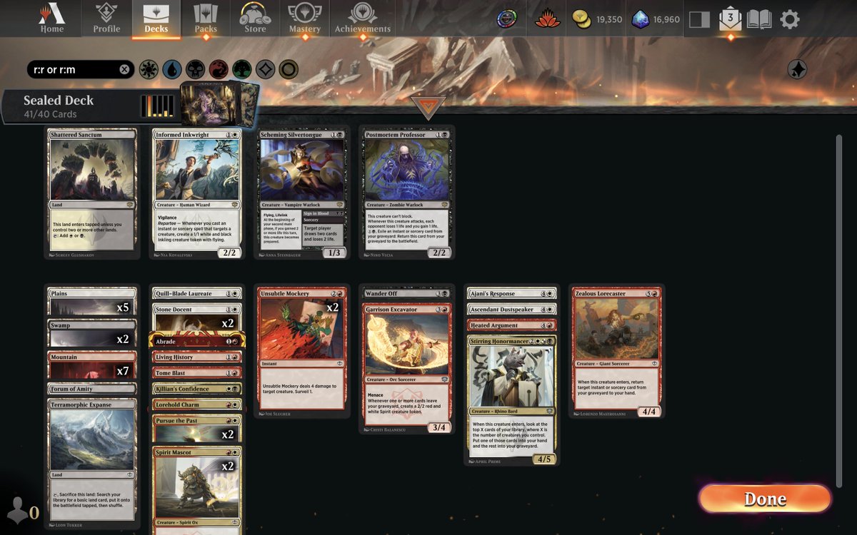 TradingPoster's tweet photo. 3 boxes in 8 attempts this weekend, including one with this sweet Lorehold pump deck that didn't have any bomb rares but did have 3x Quill-Blade Laureate. https://t.co/t3rUCDUqAc