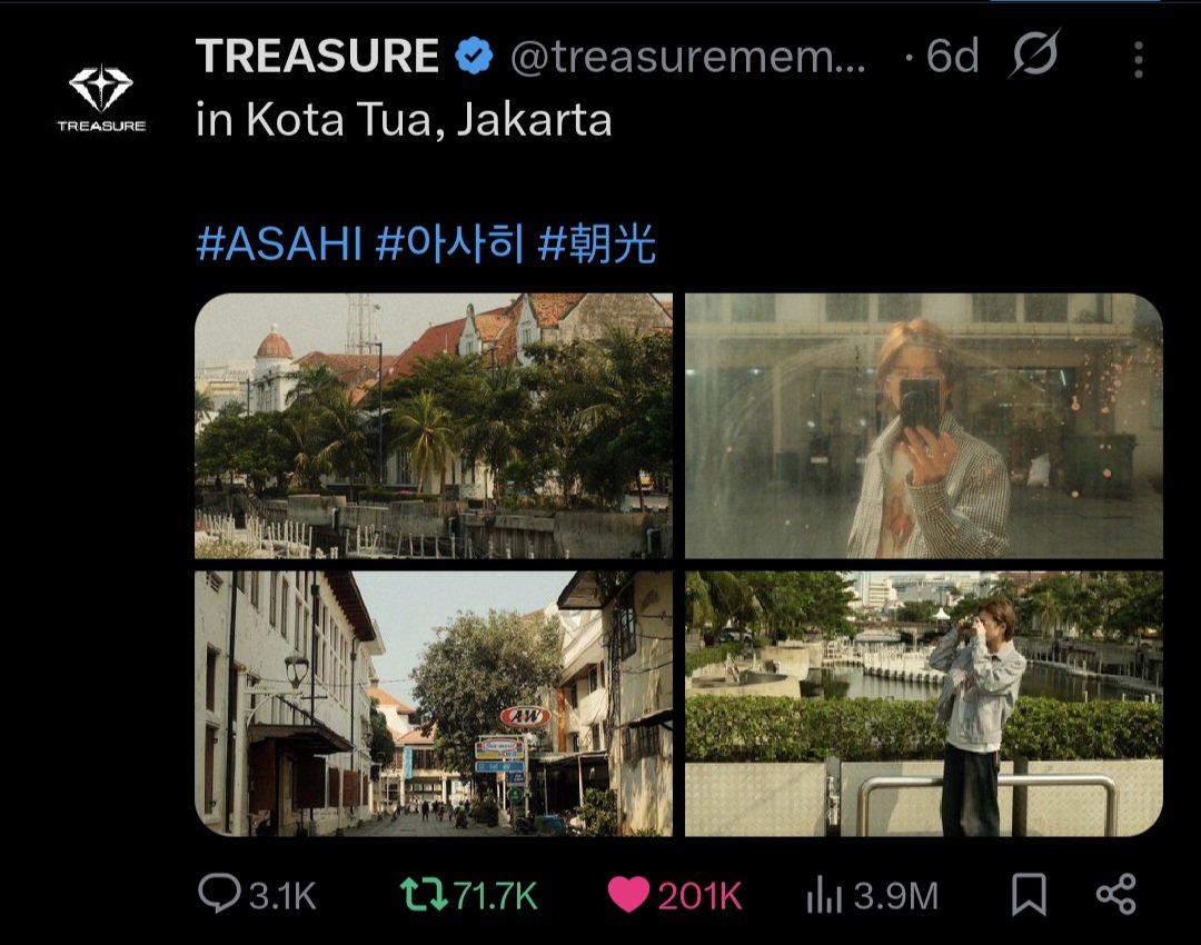 A_2STUDI0's tweet image. Asahi’s post in Kota Tua, Jakarta reached 201K likes on the @treasuremembers account. The last time a member achieved this milestone was with Asahi’s post for TREASURE 3RD ANNIVERSARY in 2023.

#ASAHI #아사히 #アサヒ #朝光
#TREASURE #트레저