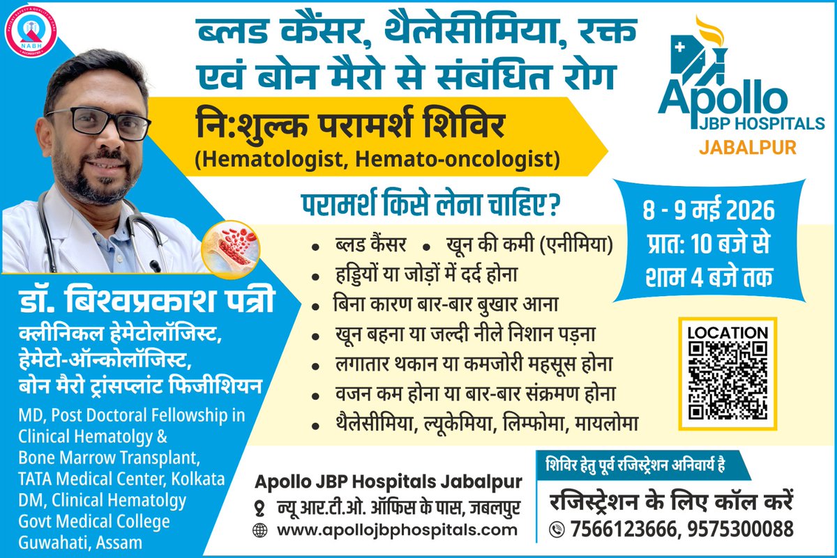🔴 खून से जुड़ी समस्याओं को न करें नज़रअंदाज़

अपोलो जेबीपी हॉस्पिटल्स, जबलपुर में आयोजित हो रहा है
ब्लड कैंसर, थैलेसीमिया, एनीमिया एवं बोन मैरो से संबंधित रोगों के लिए निःशुल्क परामर्श शिविर

👨‍⚕️ विशेषज्ञ परामर्श डॉ. विश्वप्रकाश पत्री
(Clinical Hematologist &amp; Hemato-Oncologist)