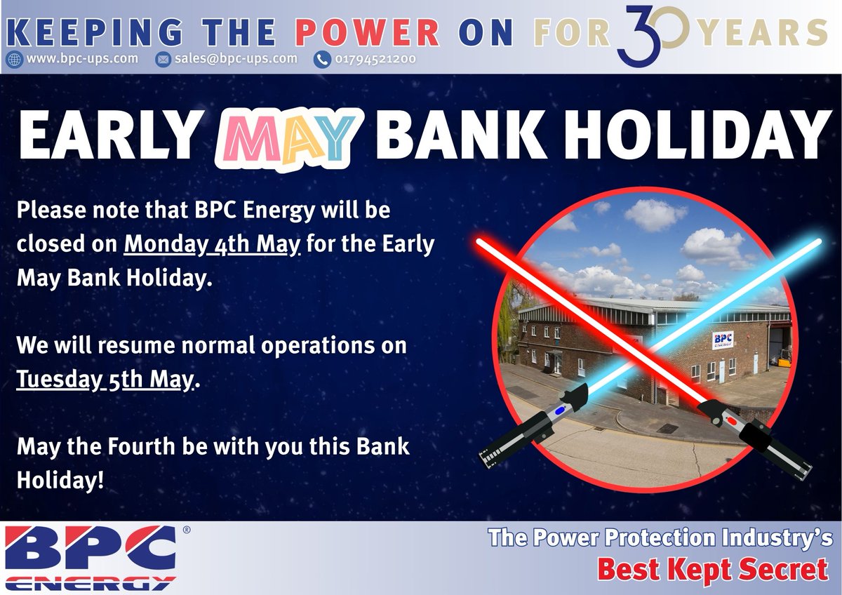 Reminder: BPC Energy is closed today, Monday 4th May, for the May bank holiday. No office visits, please. We reopen Tuesday 5th May.

#maybankholiday #bankholiday #longweekend #businesshours