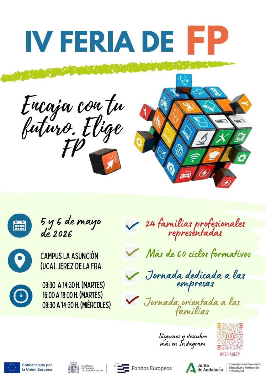 SJBJerez's tweet photo. Los próximos 5 y 6 de mayo participaremos en la IV Feria de Formación Profesional de Jerez, un espacio de encuentro, orientación y futuro donde alumnado, familias y empresas podrán conocer de cerca la amplia oferta de la Formación Profesional en nuestra ciudad. https://t.co/15yzXSa7in