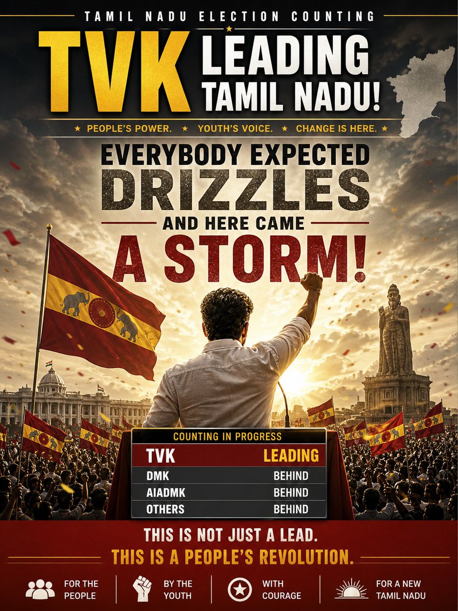 XSpinVerse's tweet photo. From whispers to a wave… now a STORM.
TVK is leading.

#TVK #TamilNaduElection #Breaking #TrendingNow #ChangeIsComing https://t.co/V2vzqZYEQw