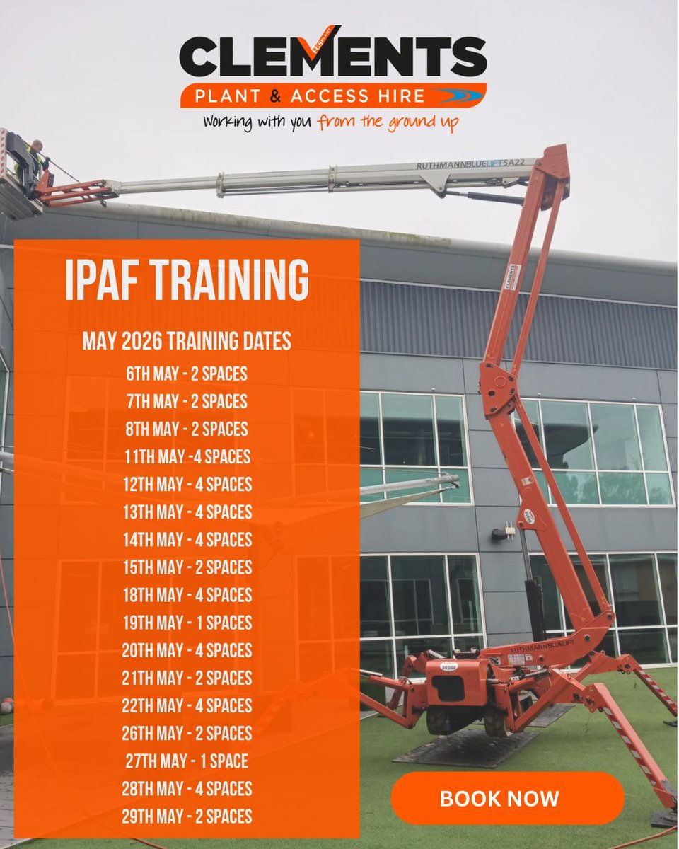 Clements_Cov's tweet image. If you're looking for #IPAF #PoweredAccess Operator #Training in May, take a look at our availability for the next few weeks.

Courses start from £175 plus vat per person per category. 

To book a space give us a call on 02476 474849 or email us at sales@clementsplant.co.uk.