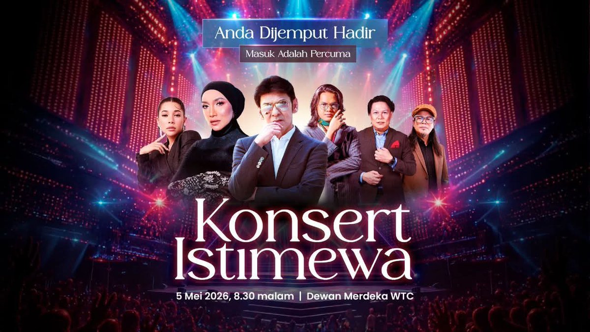 Sesiapa yang free, bolehlah datang nanti ke Konsert Istimewa pada 5 Mei 2026 (Selasa) jam 8.30 malam di Dewan Merdeka WTC, Kuala Lumpur.

Dato' Jamal Abdillah pun ada sekali.

Masuk adalah PERCUMA.

#BiduanNegara 
#jamalabdillah 
#legend 
#konsertistimewa 
#livinglegend 
#fyp