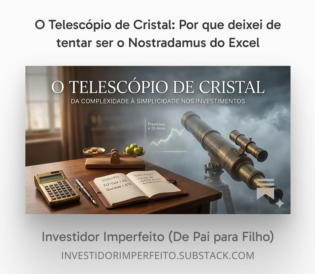 OInvImperfeito's tweet photo. Tentar adivinhar a inflação, as taxas de juro ou a próxima crise é olhar para o mercado através de um "telescópio de cristal": uma ilusão frágil. 🔭
Hoje escrevi ao meu filho sobre por que abandonei as previsões para me focar apenas em bons negócios.

https://t.co/wRrWyqrZoh https://t.co/mAZcossXAn