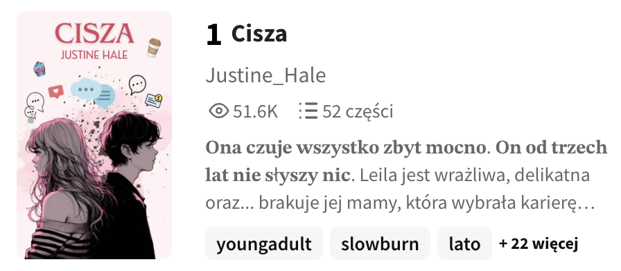 _JustineHale_'s tweet image. Rankingi na #wattpad działają, jak chcą, ale i tak cieszy widok #ciszaJHale na #1 miejscu w #dlanastolatków 🥰
#kociepisanie #wattpadowehistorie