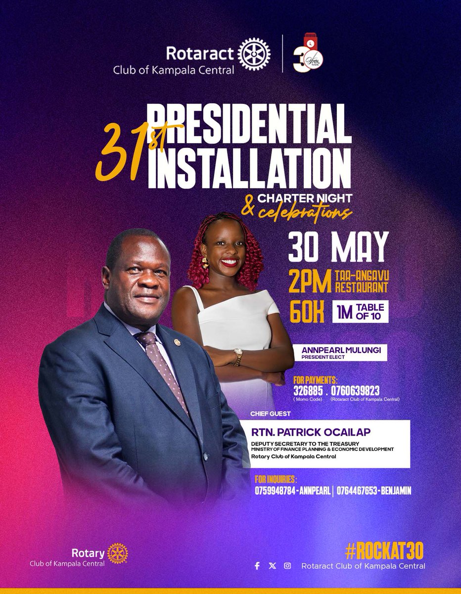 ROCK_Kampala's tweet photo. After a successful launch, we’re excited to keep the momentum going.
Join us as we welcome our Chief Guest MD Rtn Patrick Ocailap, Deputy Secretary to the Treasury @mofpedU who will grace the occasion as we embark on this new chapter of leadership and service.
#RotaryEyamba https://t.co/9cVsbar57L