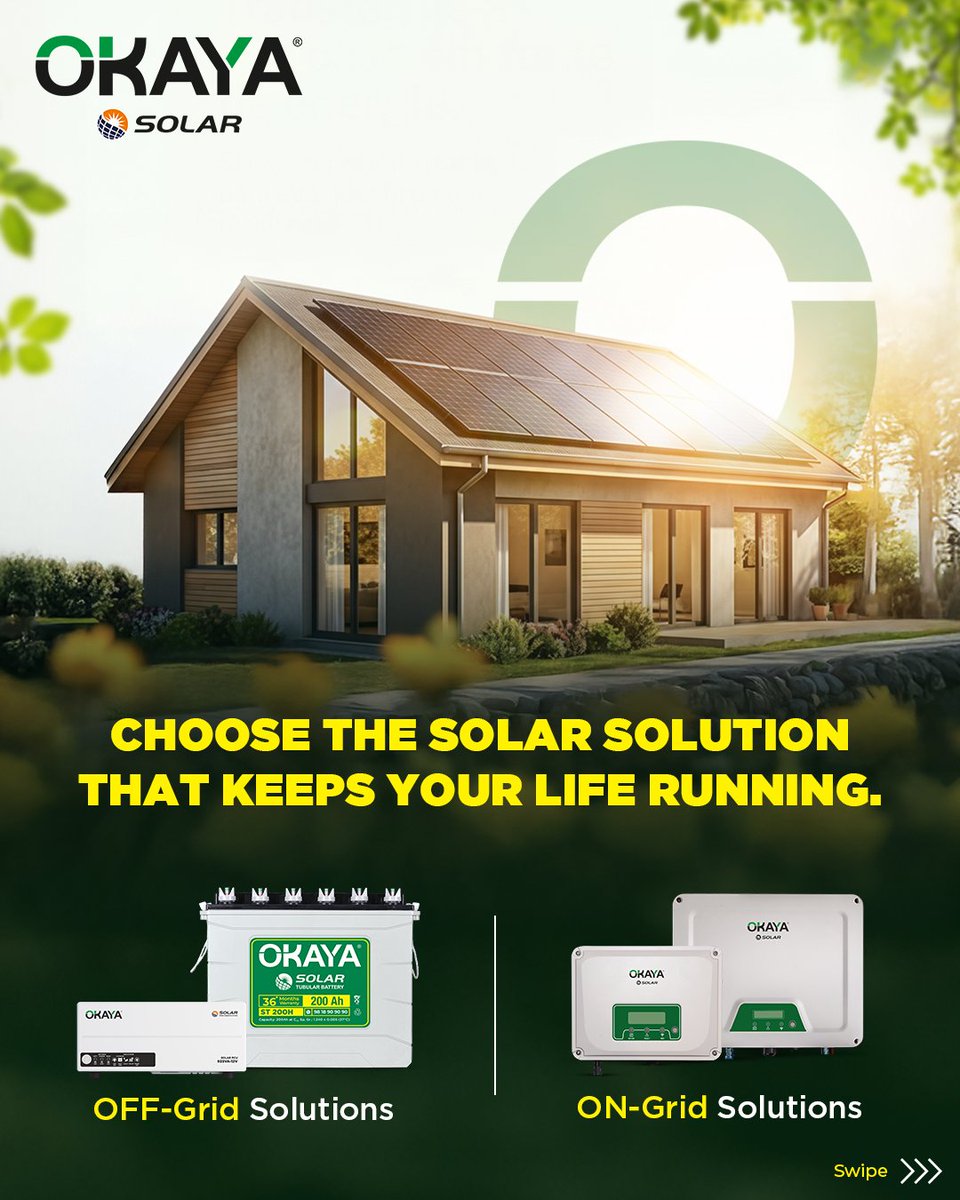 OkayaPowerGroup's tweet image. Two power situations. One uninterrupted life. 

On-Grid Solar for smarter everyday savings.
Off-Grid Solar for reliable backup when power goes out.

Whatever your power situation, Okaya Solar keeps life running—without interruptions.

#OkayaSolar #Solar #SolarSolutions #Okaya