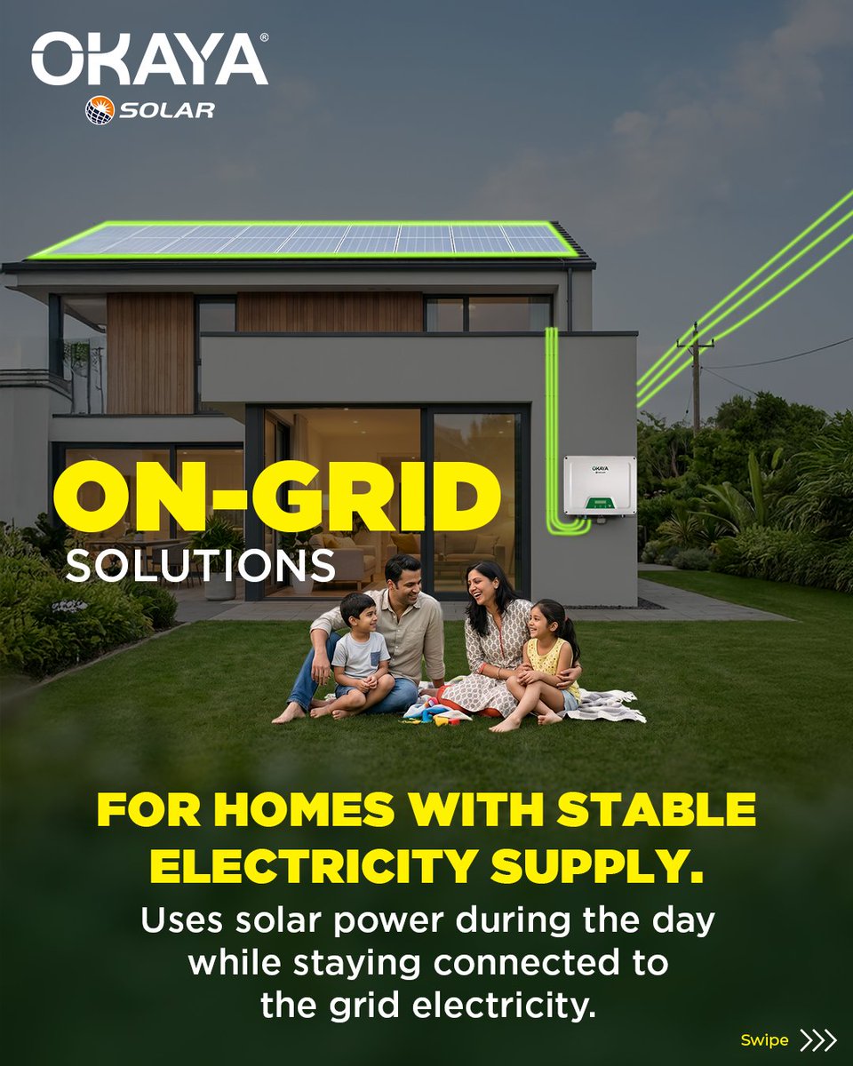OkayaPowerGroup's tweet image. Two power situations. One uninterrupted life. 

On-Grid Solar for smarter everyday savings.
Off-Grid Solar for reliable backup when power goes out.

Whatever your power situation, Okaya Solar keeps life running—without interruptions.

#OkayaSolar #Solar #SolarSolutions #Okaya