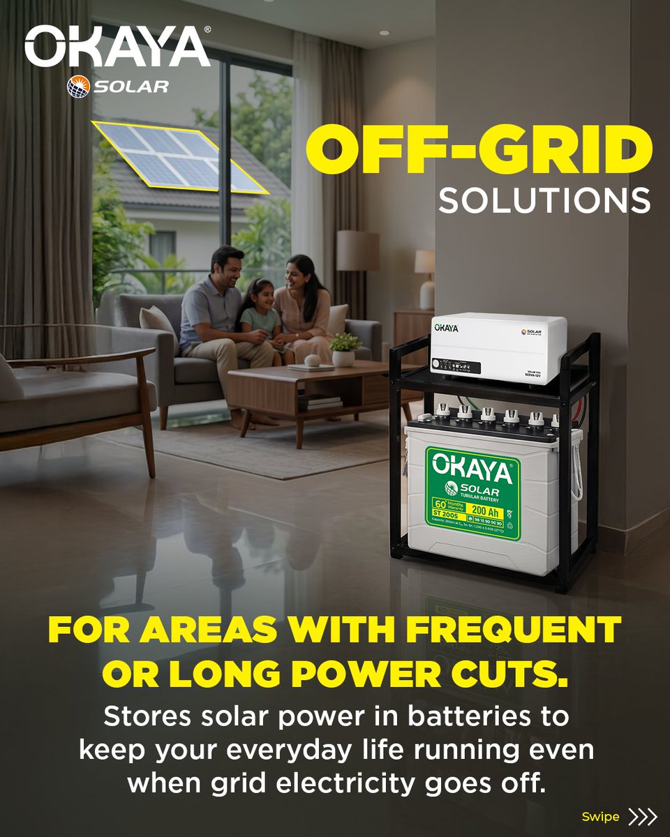 OkayaPowerGroup's tweet image. Two power situations. One uninterrupted life. 

On-Grid Solar for smarter everyday savings.
Off-Grid Solar for reliable backup when power goes out.

Whatever your power situation, Okaya Solar keeps life running—without interruptions.

#OkayaSolar #Solar #SolarSolutions #Okaya