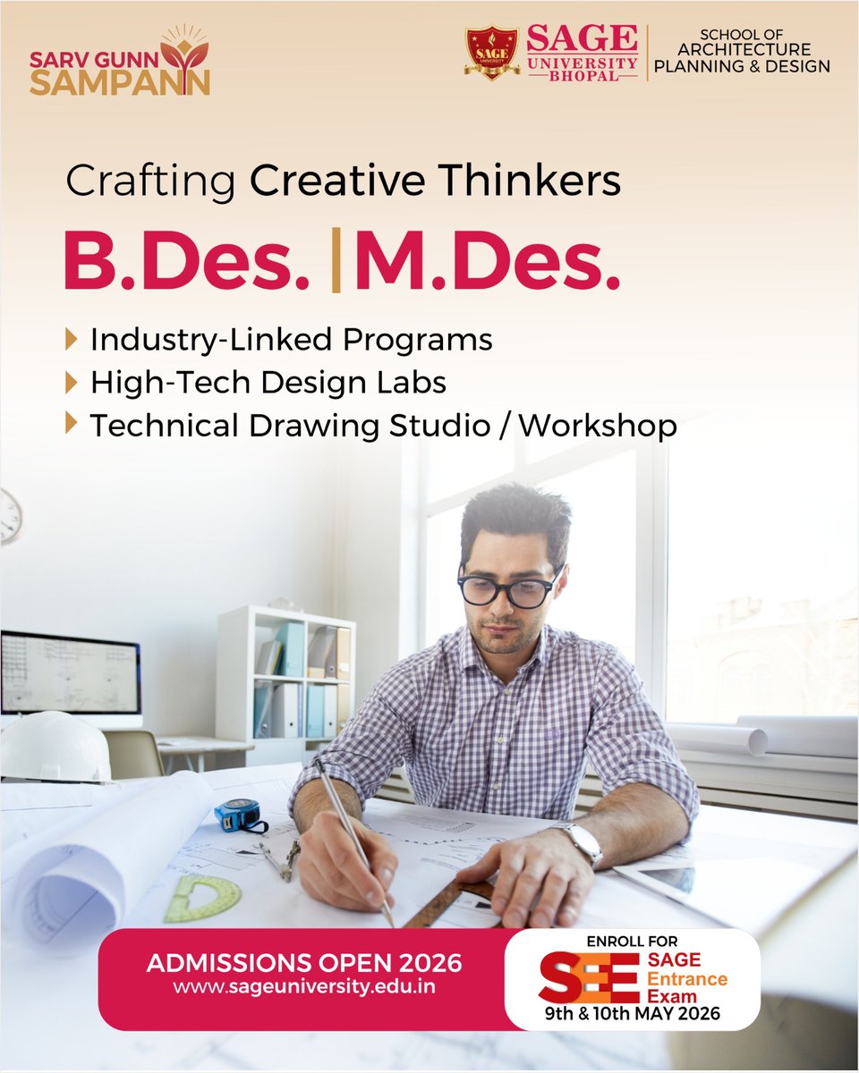 SageUniBhopal's tweet image. Design the future with confidence.

Choose B.Des. &amp;amp; M.Des. programs with industry-linked learning, advanced studios, high-tech labs, and hands-on workshops shaping global design trends.

Visit: sageuniversity.edu.in/bhopal-admissi… 
__
#SAGEUniversityBhopal #Design #Architecture #Fashion
