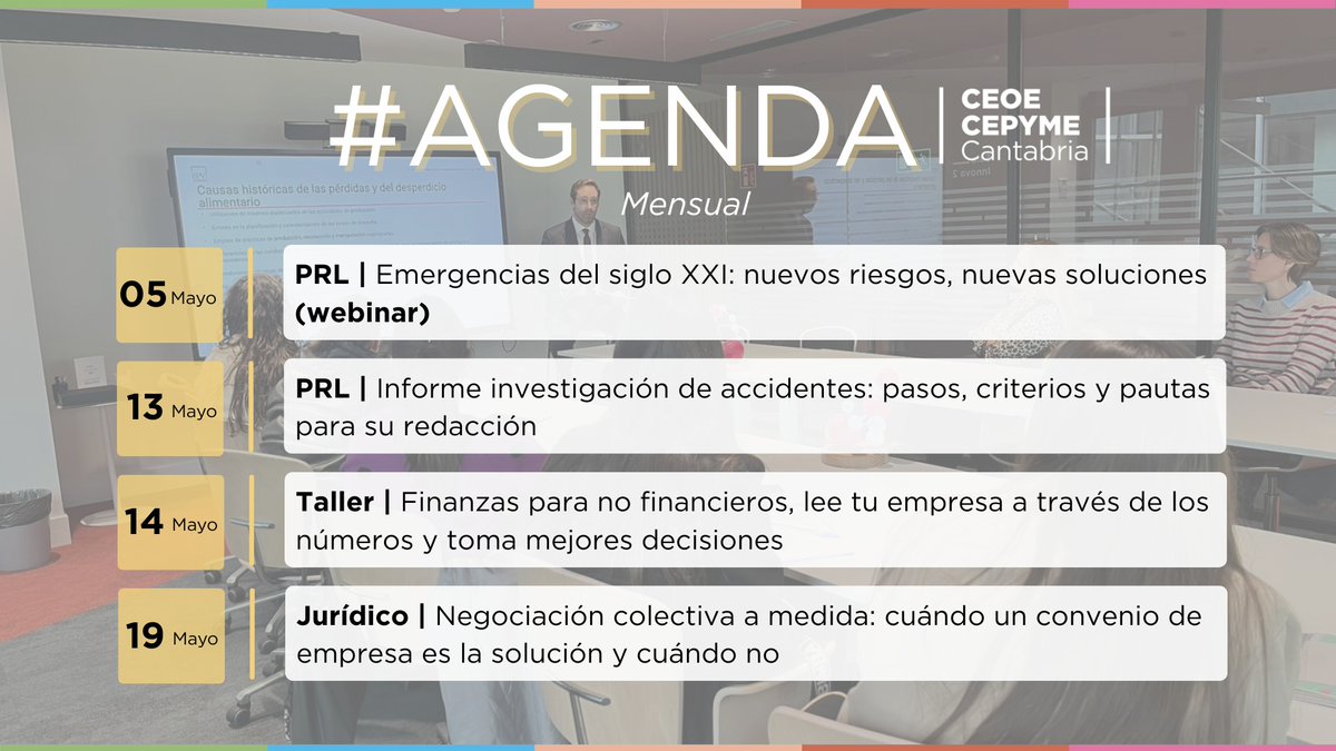 Ceoecant's tweet image. #Agenda 📅 | Nueva agenda de actividades para el mes de mayo

👉🏻Desde CEOE-CEPYME Cantabria ponemos en marcha una nueva programación de jornadas y formación orientada a apoyar a las empresas en su actividad diaria 💡

🙌🏻 Una oportunidad para seguir formándose, compartir y avanzar