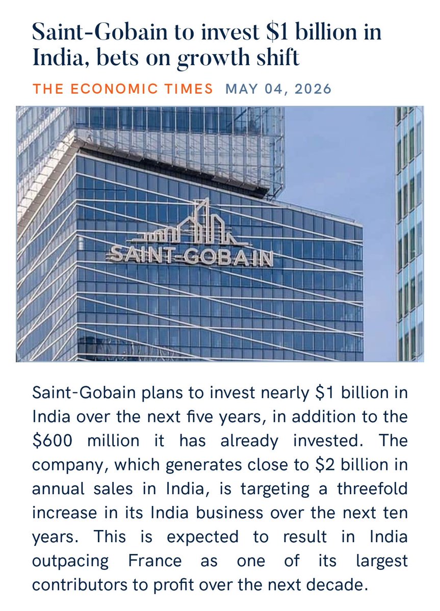 zahidpatka's tweet image. Kudos PM @narendramodi Ji Govt 
#MakeInIndia #MakeForWorld 
INDIA TO BE GLOBAL MANUFACTURING HUB
Saint-Gobain to invest $1 billion in India, bets on growth shift
target is 3x business in 10 years. Capital allocation to India is &amp;gt;2x group average
economictimes.indiatimes.com/industry/cons-…
@PMOIndia