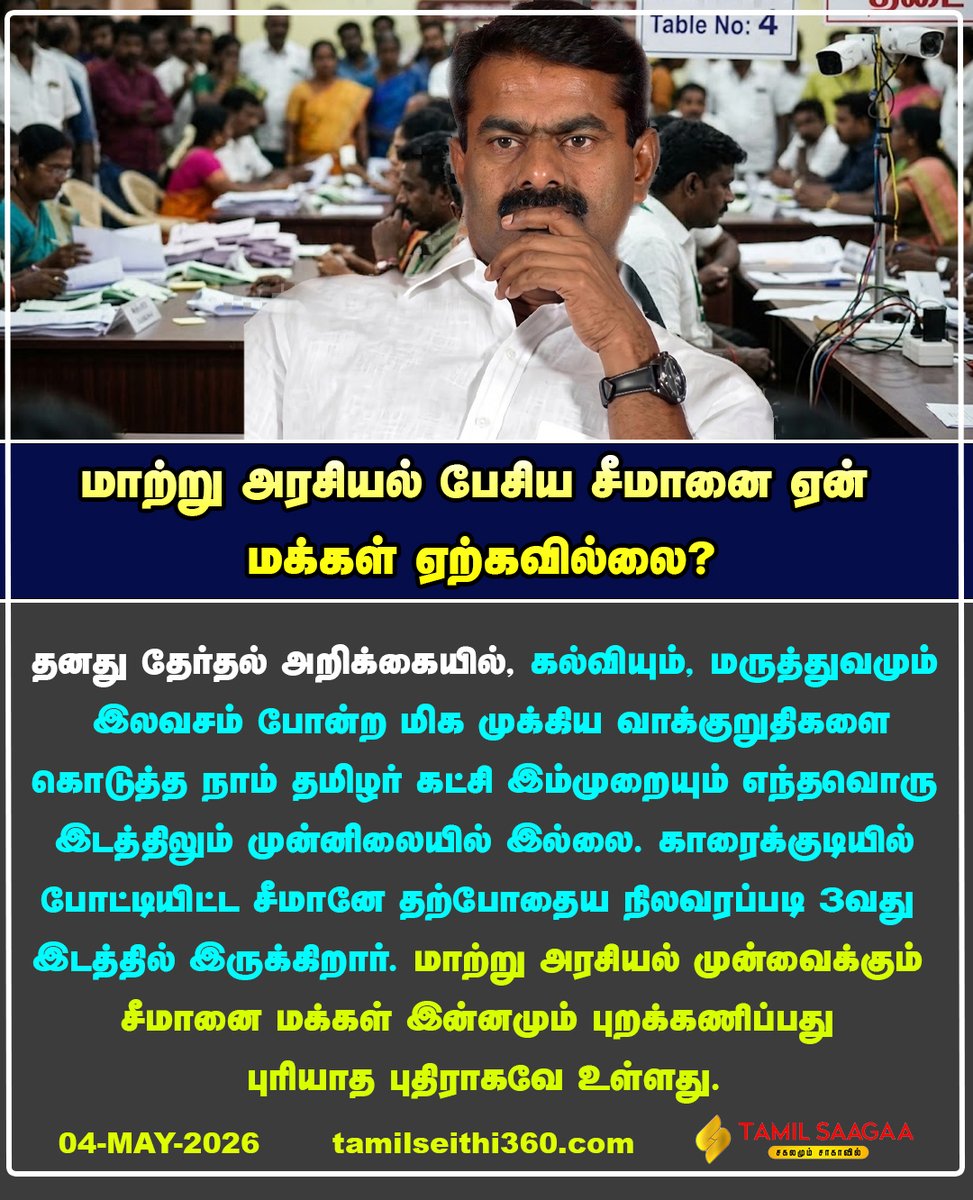 SaagaTamil's tweet image. "இலவச கல்வி.. இலவச மருத்துவம்".. மாற்று அரசியல் பேசிய சீமானை மக்கள் ஏன் ஏற்கவில்லை..?

#Singapore #Singaporetamilnews #Seeman