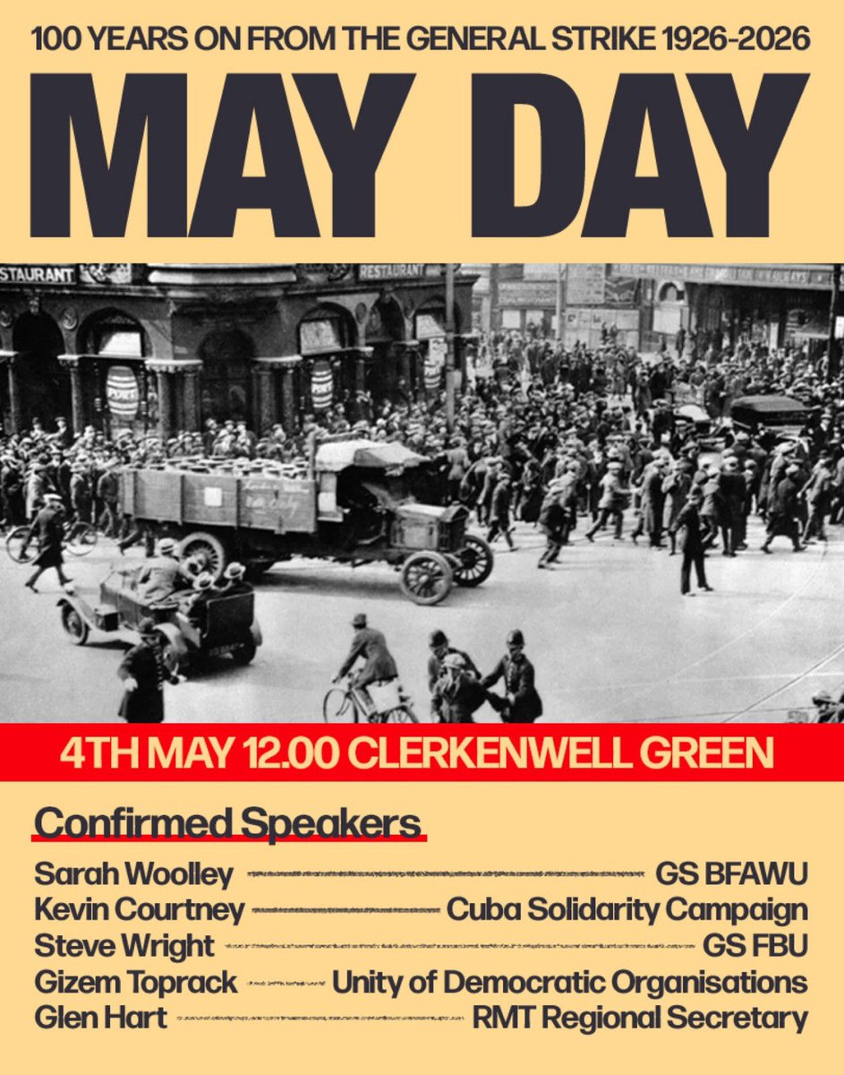 LDNMayDay's tweet image. WORKERS MAKE HISTORY

All out for #MayDay 

Today, 12 noon we turn #London red. 

100 years since the #GeneralStrike 

#MayDay26 #LDNMayDay