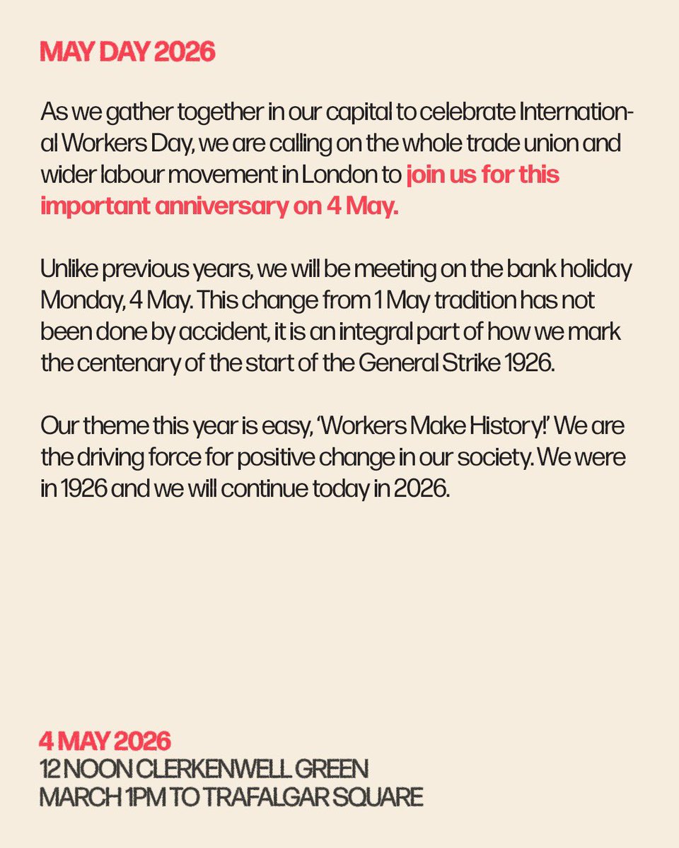 LDNMayDay's tweet image. WORKERS MAKE HISTORY

All out for #MayDay 

Today, 12 noon we turn #London red. 

100 years since the #GeneralStrike 

#MayDay26 #LDNMayDay