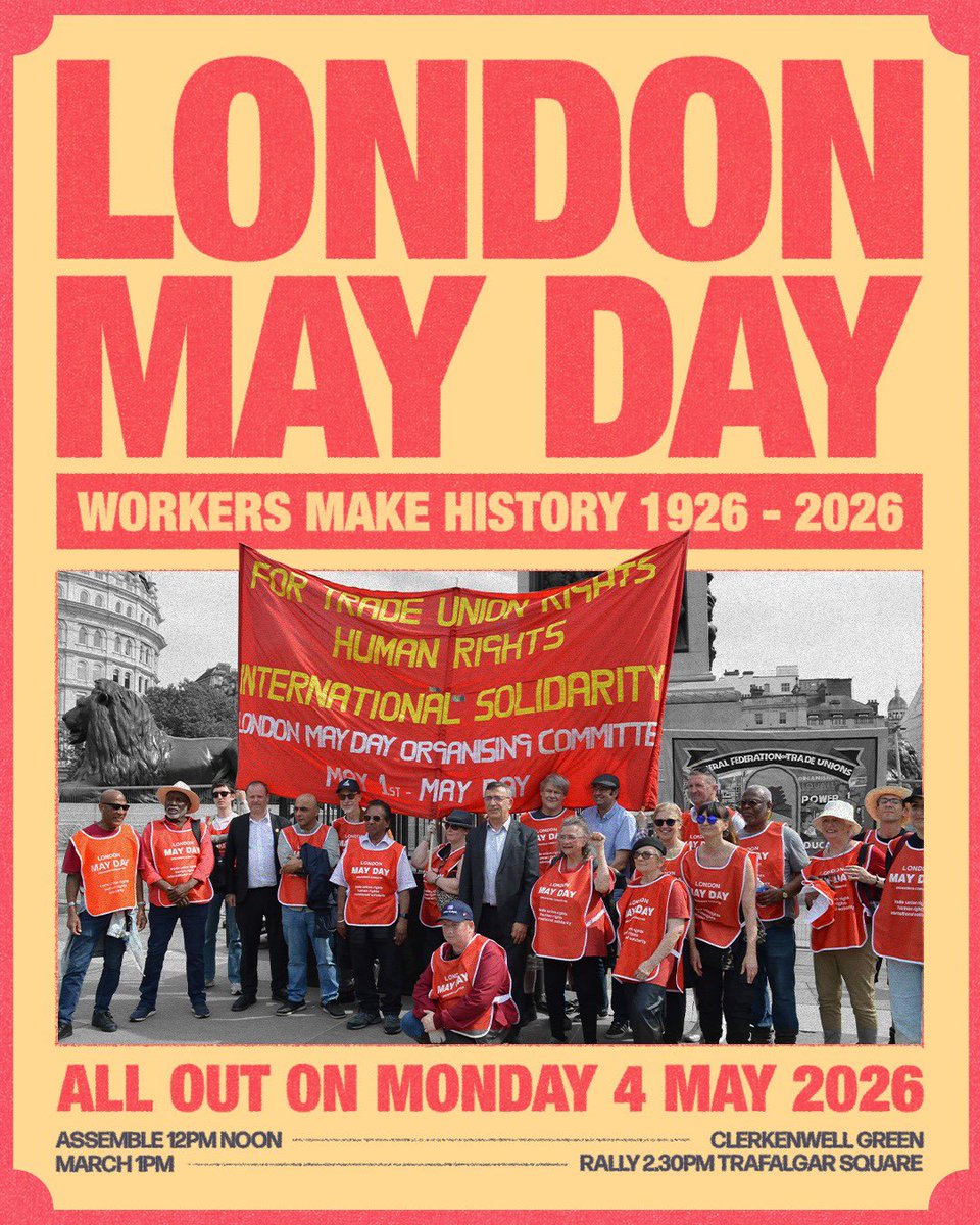 LDNMayDay's tweet image. WORKERS MAKE HISTORY

All out for #MayDay 

Today, 12 noon we turn #London red. 

100 years since the #GeneralStrike 

#MayDay26 #LDNMayDay