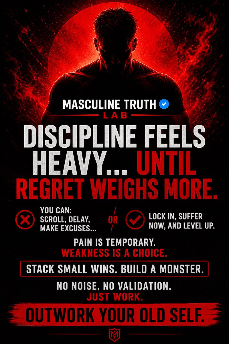 MTruthLab's tweet image. #MasculineTruthLab #DisciplineOverMotivation #NoExcuses #StayHard #GrindNowShineLater #MensMindset #SelfDiscipline #LevelUp #MentalToughness #Consistency #BeRelentless #OutworkEveryone #SuccessMindset