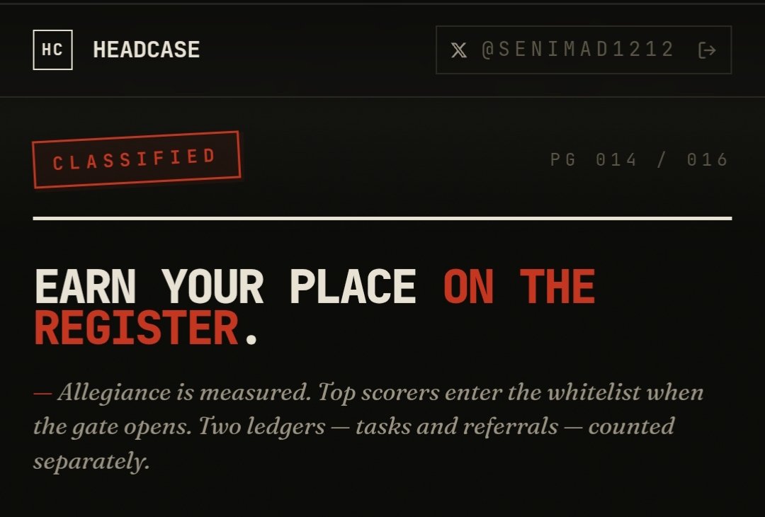TRANSMISSION RECOVERED.
The ledger is live.

222 anomalies. ERC-721. Free mint.
May 12 no second chance.
The gate opens via BREACH.

Earn your place or get left behind. 

<a href="/TheHeadCase_nft/">The Headcase Collective</a> #TheHeadcase