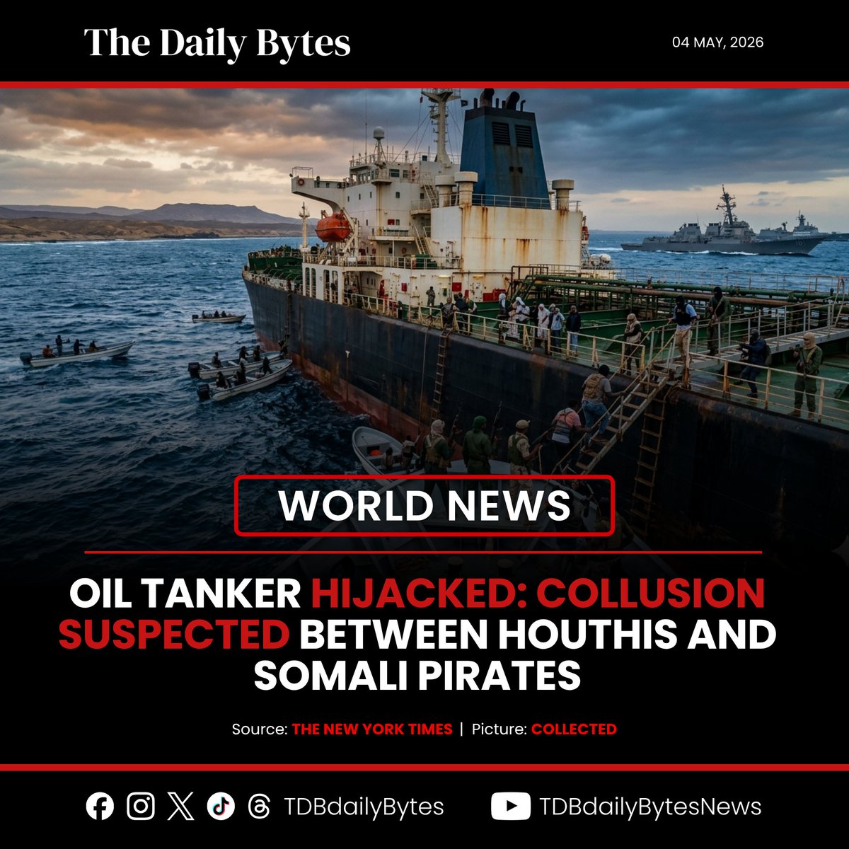 TDBdailyBytes's tweet image. A new maritime threat emerges as an oil tanker is hijacked off the coast of the Horn of Africa, signaling a dangerous alliance.

#MaritimeSecurity #OilTanker #Houthis #SomaliPirates #Geopolitics #TDBnews
