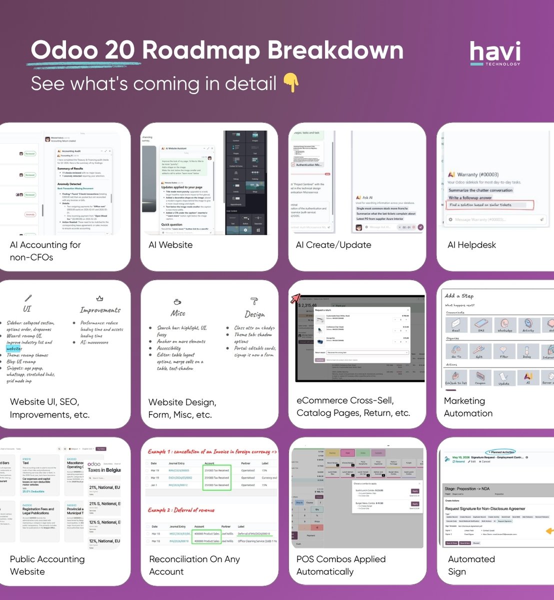 Odoo 20 is shaping up as a shift in how daily work gets done.
AI, website &amp; SEO, eCommerce, marketing workflows, accounting, POS, and scheduling — all evolving. We broke down the roadmap so you can see what’s coming early:
havi.com.au/blog/odoo-20 
#Odoo20 #OdooERP #OdooExperience