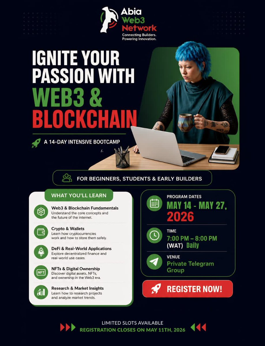 Abia_Web3Net's tweet photo. The Web3 &amp; Blockchain ecosystem is growing, and this is a good place to start.

Join our 14-Day Intensive Bootcamp designed for beginners, students, and early builders who want to understand the fundamentals and explore practical opportunities in Web3. https://t.co/MvhvbxDPbf