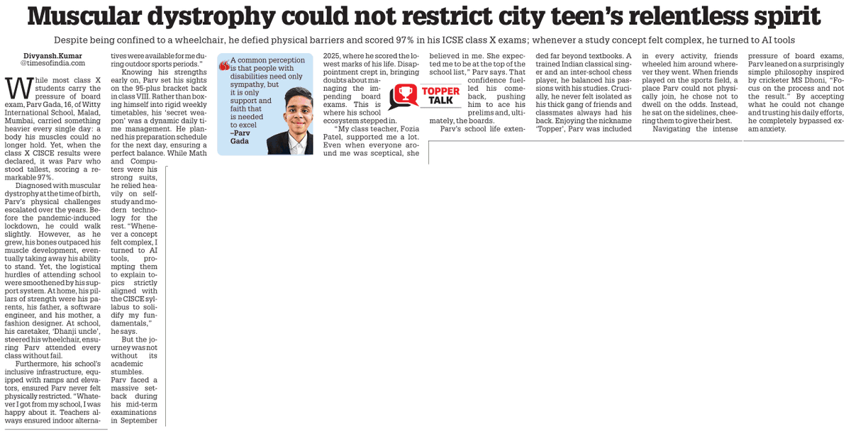 thakur_div01's tweet image. TOPPER TALK: Muscular dystrophy could not restrict Parv Gada’s relentless spirit

Read full story here | educationtimes.com/article/campus…

#cbseresults #Mumbai #Topper #CBSE