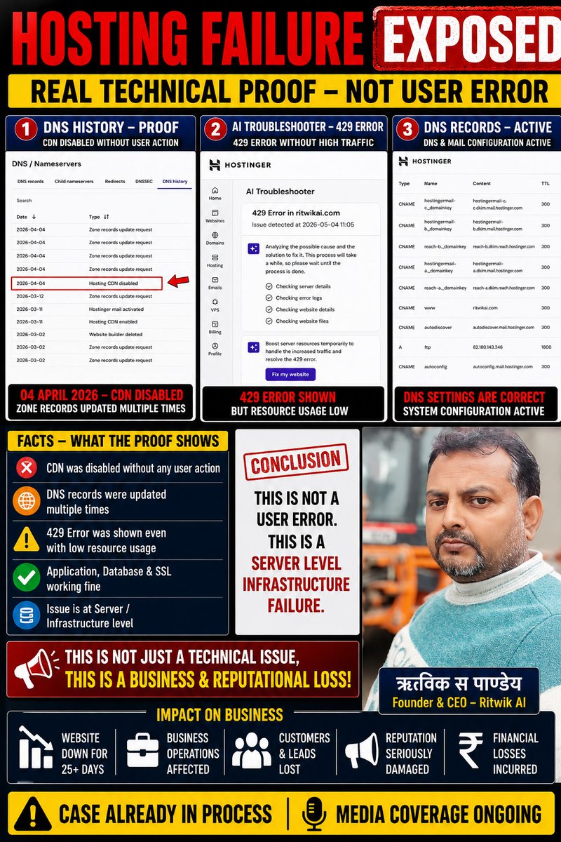 PandeyRitw15743's tweet image. 🚨 Hosting Failure Exposed

• CDN disabled without user action
• DNS changed multiple times
• 429 error without high traffic

👉 Not a user issue
👉 Server-level failure

🔗 Full proof:
scalemusicbhojpuri.blogspot.com/p/ritwik-ai.ht…

#HostingFailure #ServerIssue #DNS #429Error #TechProof #RitwikAI